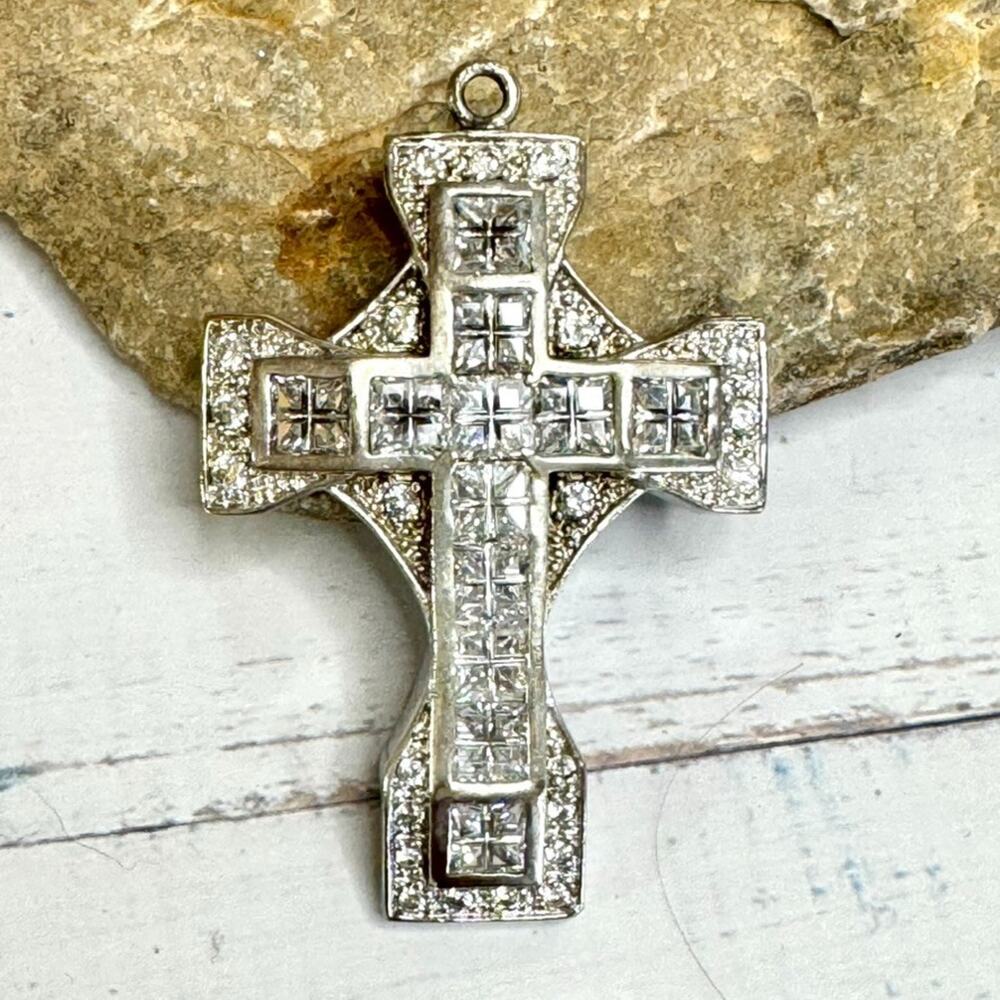Vintage Cross Pendant Ornate Silver Tone Square Cubic Zirconia Religious Faith